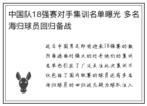 中国队18强赛对手集训名单曝光 多名海归球员回归备战 中国队18强赛对手集训名单曝光 多名海归球员回归备战