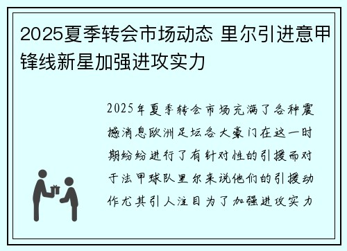 2025夏季转会市场动态 里尔引进意甲锋线新星加强进攻实力